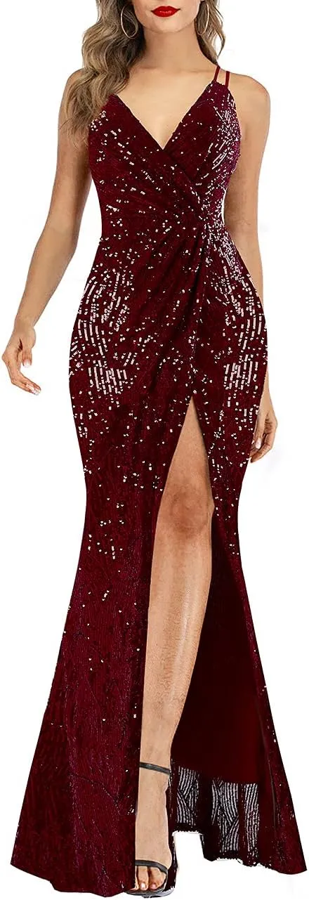 A ARFAR Women Sequin Party Dress V-Neck Sphagetti Strap Dress Sexy High Slit Dress Formal Evening Gowns