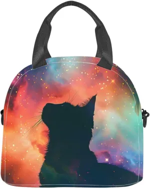 A beautiful and mysterious black cat sits front a vibrant and colorful Insulated Adult Lunch Bag with Shoulder Strap for Women Lightweight Reusable Portable Freezable Lunch Tote Bag for Work Picnic