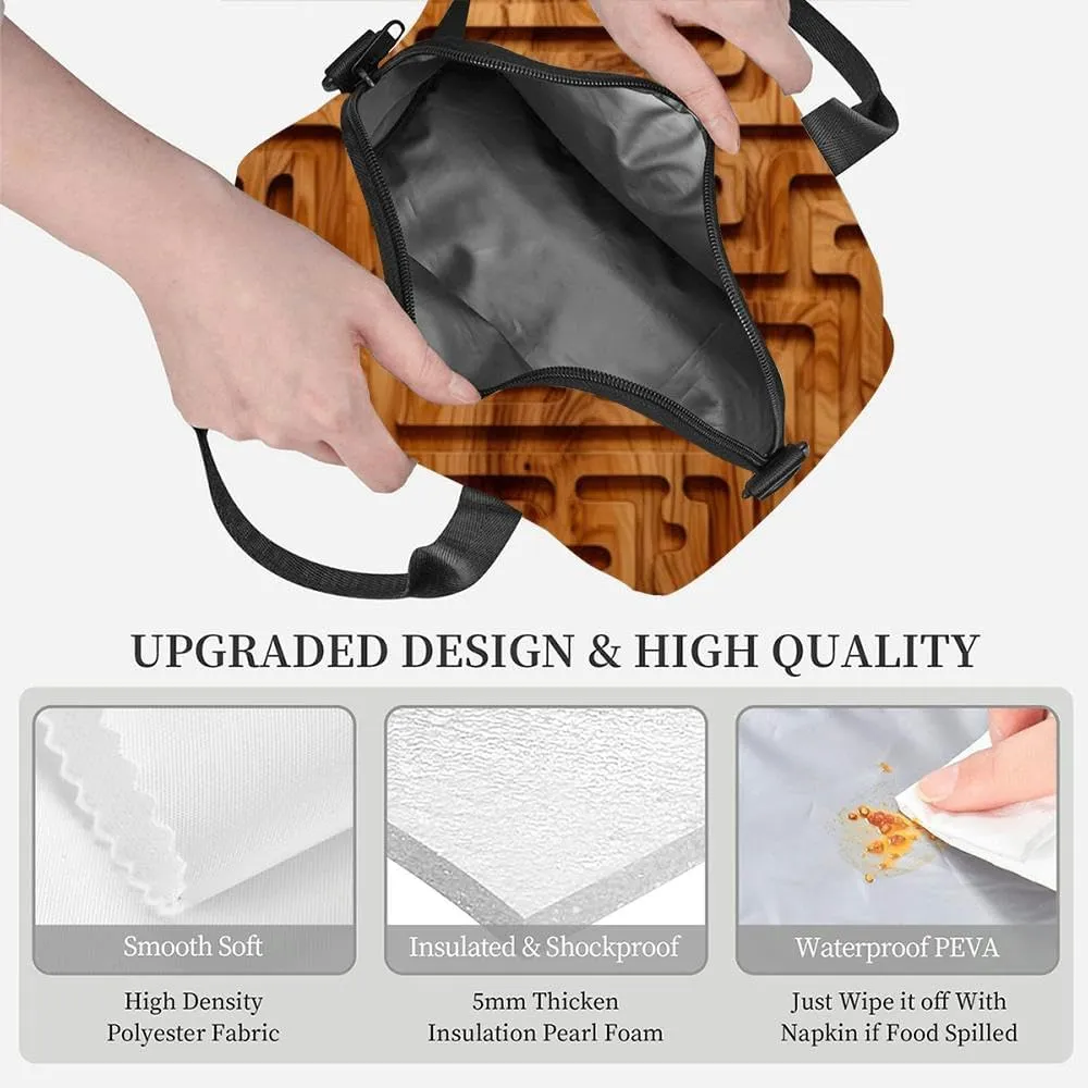 A detailed wooden maze is carved into a polished surface showcasing Insulated Adult Lunch Bag with Shoulder Strap for Women Lightweight Reusable Portable Freezable Lunch Tote Bag for Work Picnic