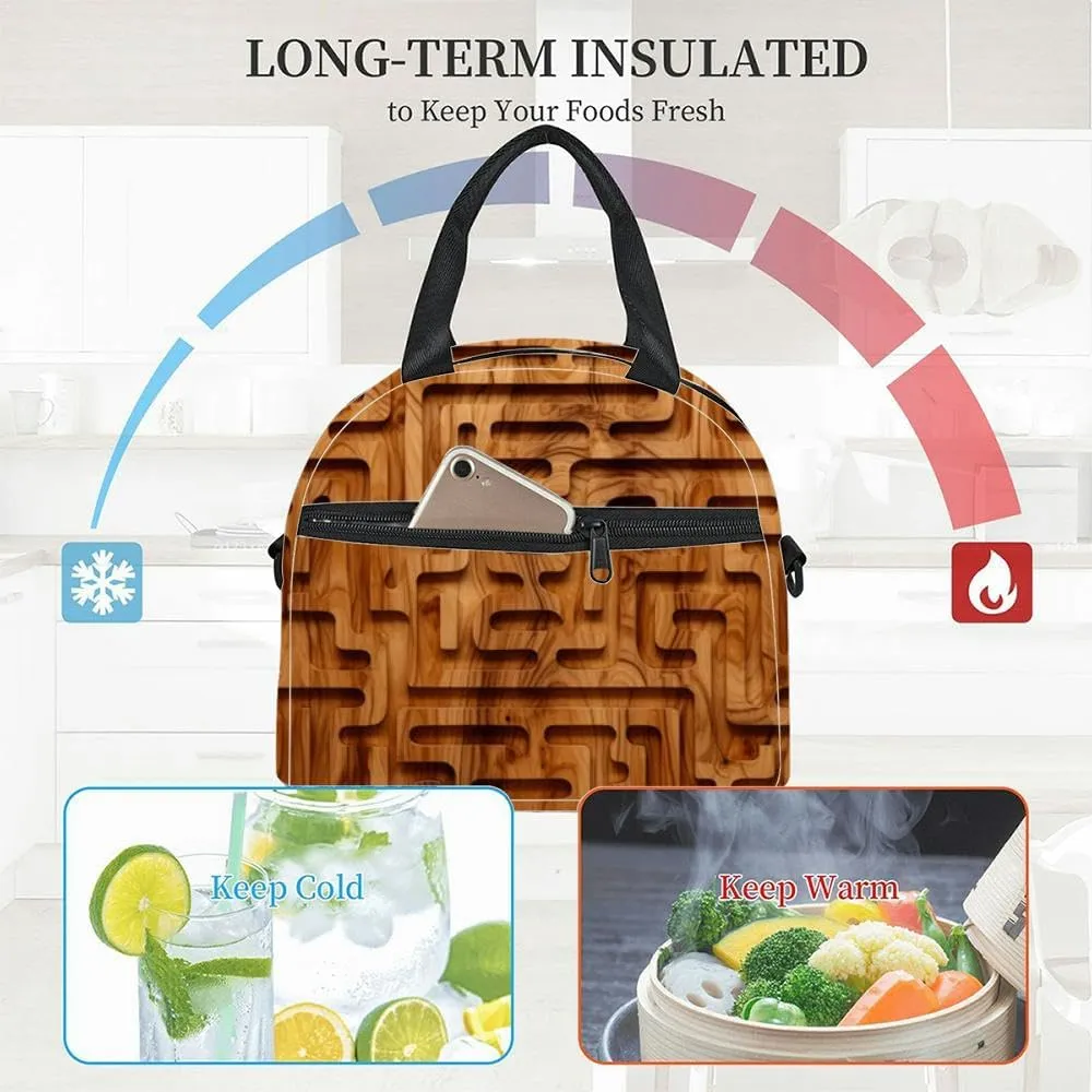 A detailed wooden maze is carved into a polished surface showcasing Insulated Adult Lunch Bag with Shoulder Strap for Women Lightweight Reusable Portable Freezable Lunch Tote Bag for Work Picnic