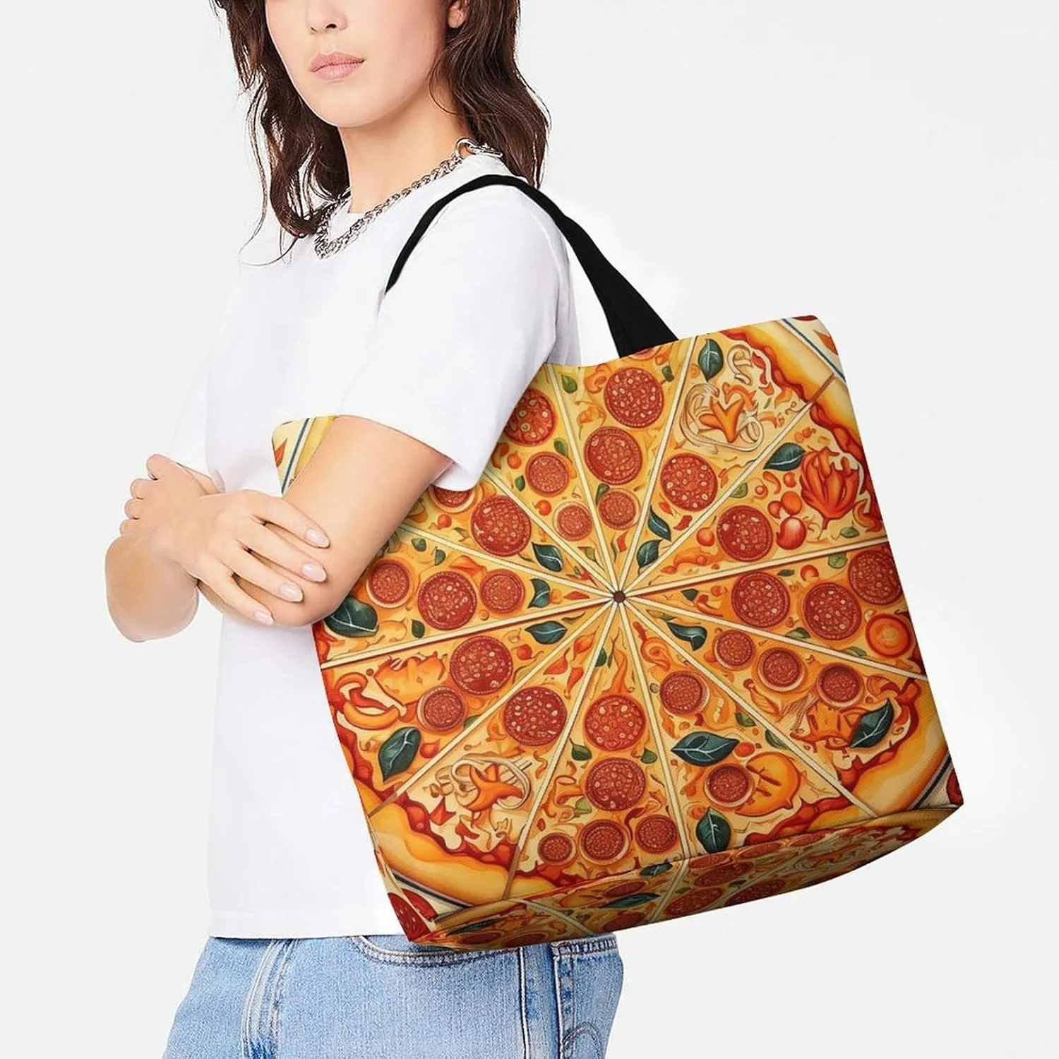 A Full Pizza Tote Bags, Reusable Grocery Bags, Large Shopping Bag, Shoulder Bag for Women
