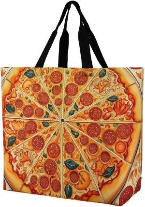 A Full Pizza Tote Bags, Reusable Grocery Bags, Large Shopping Bag, Shoulder Bag for Women