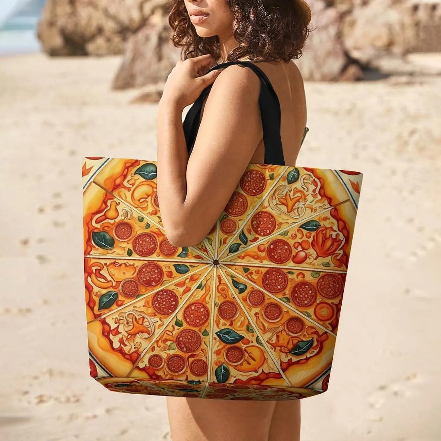 A Full Pizza Tote Bags, Reusable Grocery Bags, Large Shopping Bag, Shoulder Bag for Women