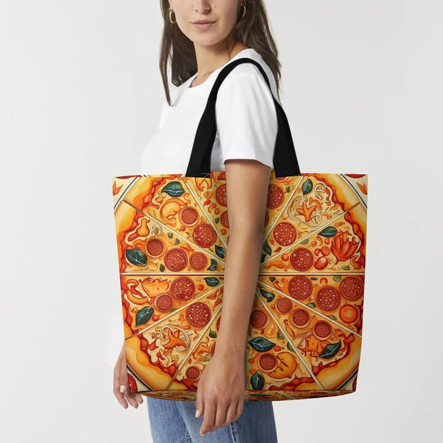 A Full Pizza Tote Bags, Reusable Grocery Bags, Large Shopping Bag, Shoulder Bag for Women