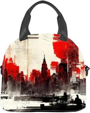 Abstract city building skyline metropolitan art crimson red Insulated Adult Lunch Bag with Shoulder Strap for Women Lightweight Reusable Portable Freezable Lunch Tote Bag for Work Picnic