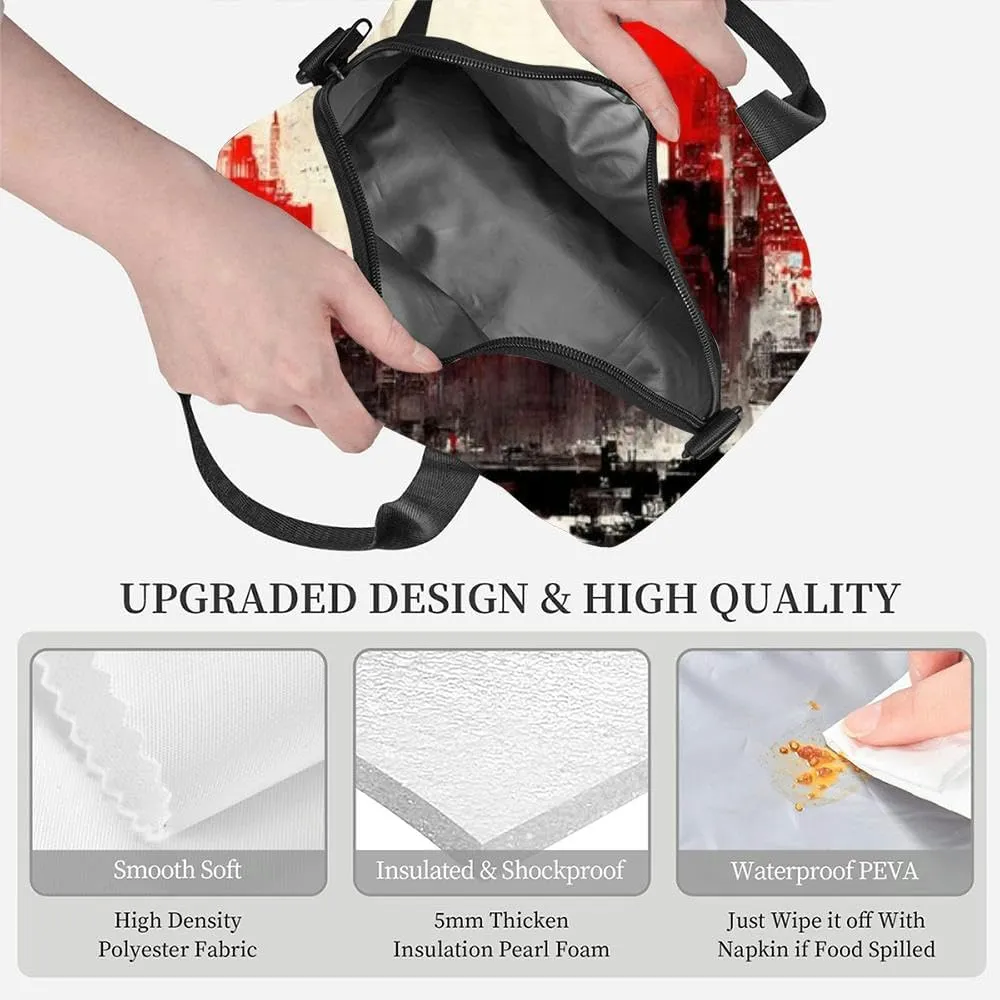 Abstract city building skyline metropolitan art crimson red Insulated Adult Lunch Bag with Shoulder Strap for Women Lightweight Reusable Portable Freezable Lunch Tote Bag for Work Picnic