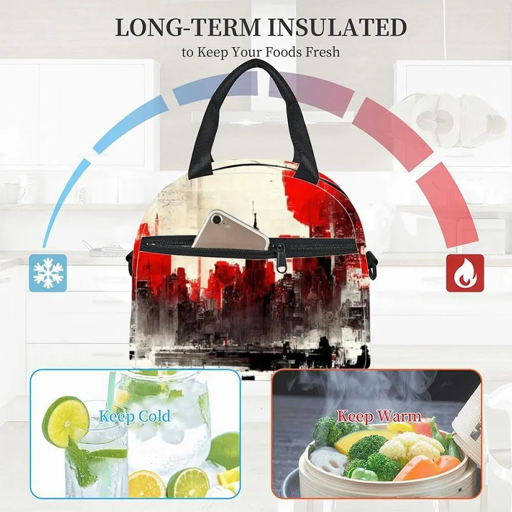 Abstract city building skyline metropolitan art crimson red Insulated Adult Lunch Bag with Shoulder Strap for Women Lightweight Reusable Portable Freezable Lunch Tote Bag for Work Picnic