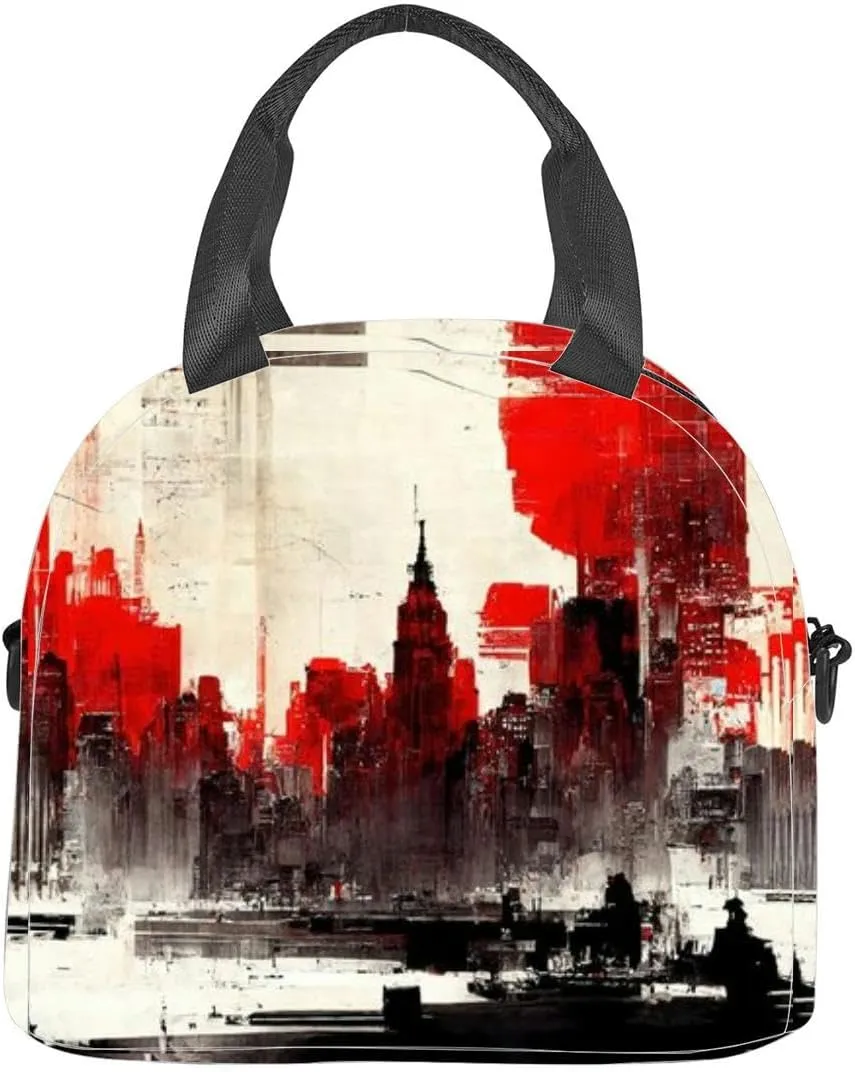 Abstract city building skyline metropolitan art crimson red Insulated Adult Lunch Bag with Shoulder Strap for Women Lightweight Reusable Portable Freezable Lunch Tote Bag for Work Picnic
