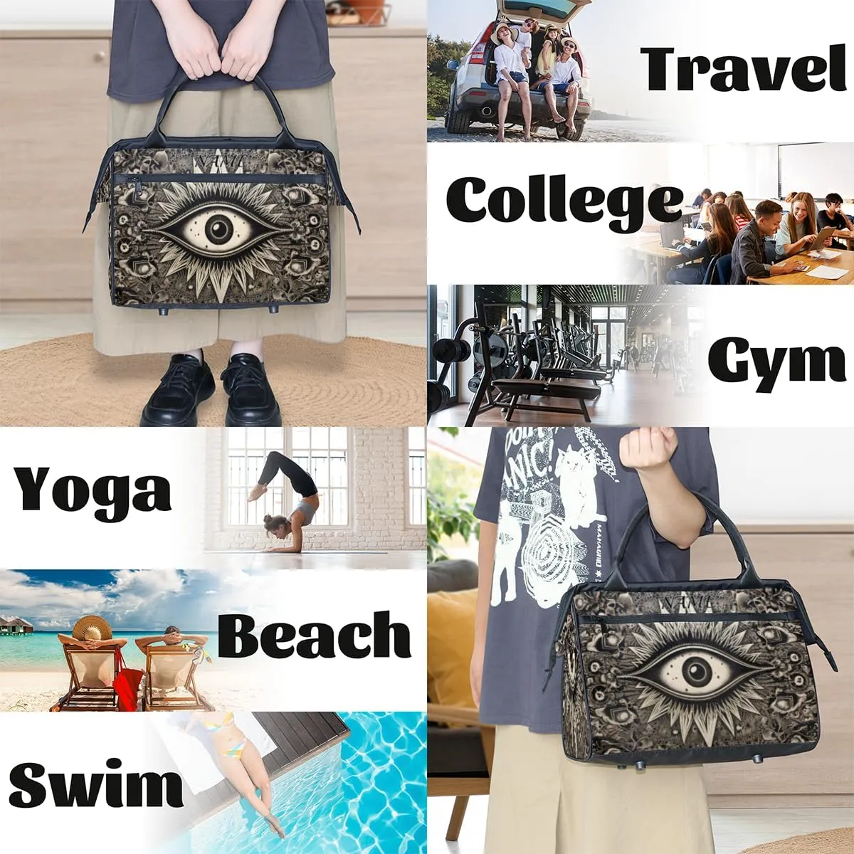 Abstract Devil's Eye Goth Travel Sports Bag for Women Essentials Customized Name Carry On Duffel Gym Bag Personalized Accessories Large Tote Weekender Bag Ladies Beach Waterproof Bag