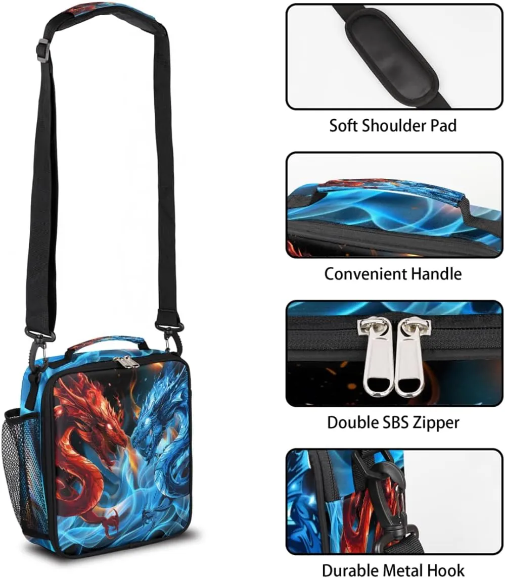 Abstract Ice Fire Dragons Printed Lunch Box for Kids Boys, Reusable Insulated Lunch Bag Lunchbox Cooler Tote Handbag with Removable Adjustable Shoulder Strap for Adults Women Men Picnic Work School