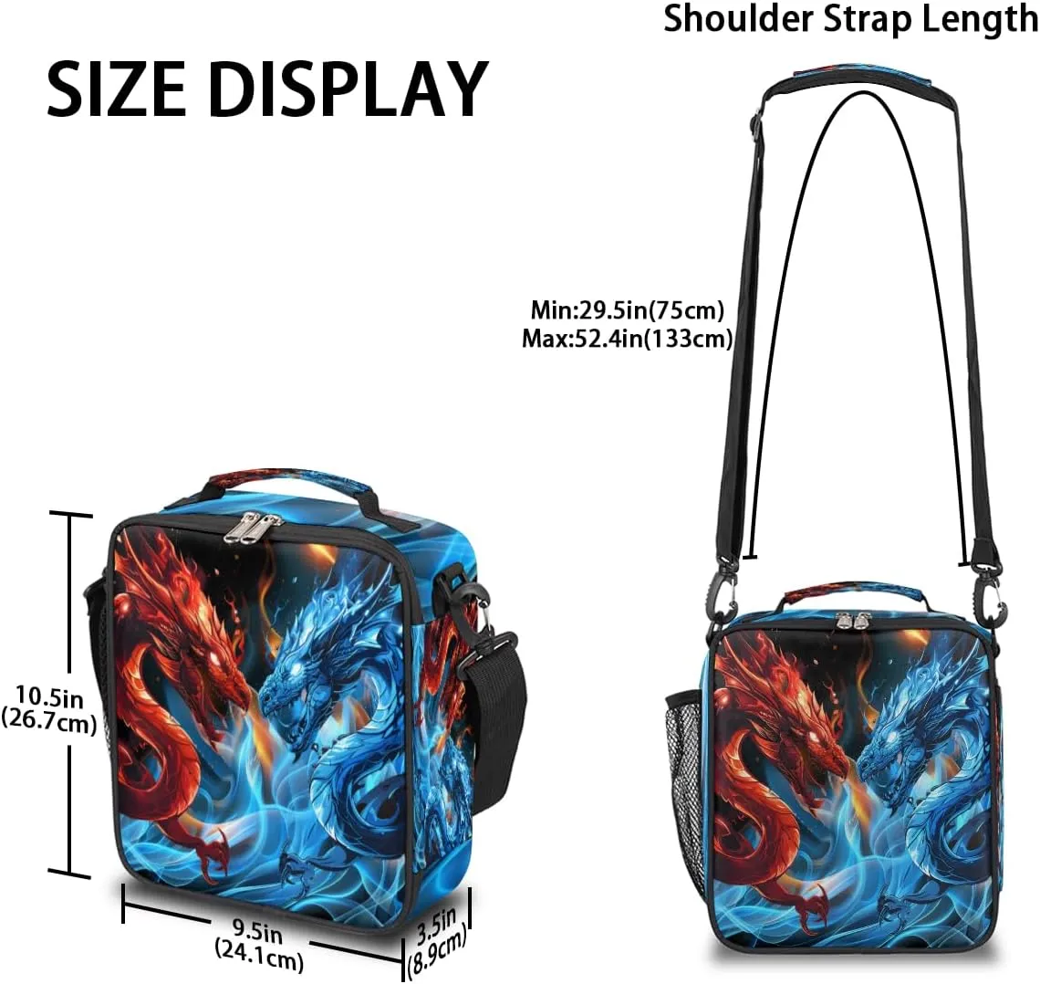 Abstract Ice Fire Dragons Printed Lunch Box for Kids Boys, Reusable Insulated Lunch Bag Lunchbox Cooler Tote Handbag with Removable Adjustable Shoulder Strap for Adults Women Men Picnic Work School
