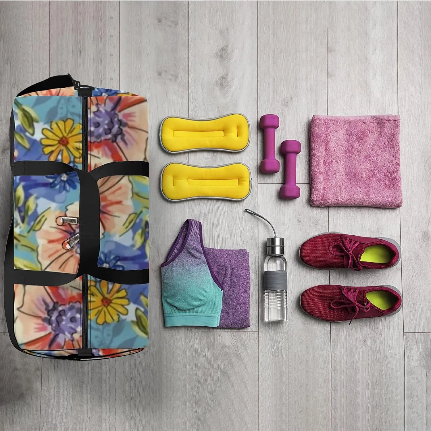 Abstract Watercolor Painting Flowers Leaves Sports Duffel Bag Travel Gym Tote Bags Lightweight Durable Shoulder Strap Waterproof Polyester Outside Mesh Pocket Overnight Trip Duffel Bag for Women Men