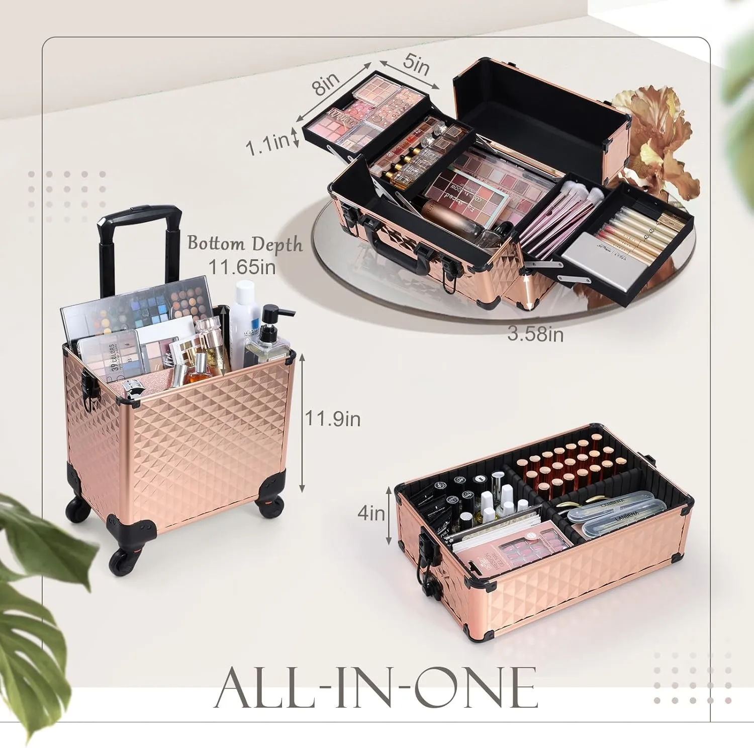 Adazzo 3 in 1 Professional Rolling Makeup Train Case Aluminum Trolley Case with 360° Rotation Wheels for Makuep Artist Cosmetic Suitcase Organizer with Lock and Key Diamond Pattern - Rose Gold
