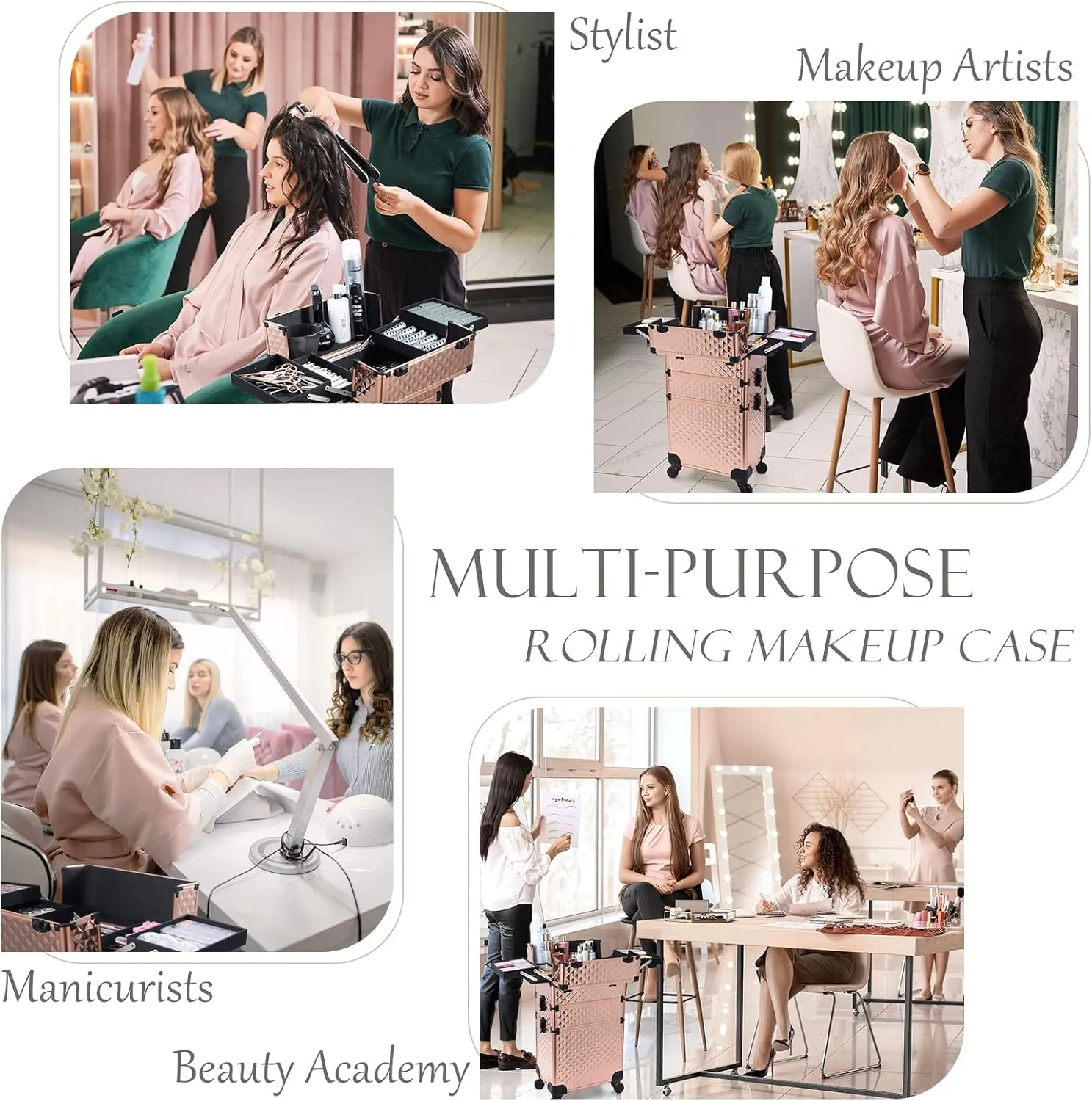 Adazzo 3 in 1 Professional Rolling Makeup Train Case Aluminum Trolley Case with 360° Rotation Wheels for Makuep Artist Cosmetic Suitcase Organizer with Lock and Key Diamond Pattern - Rose Gold