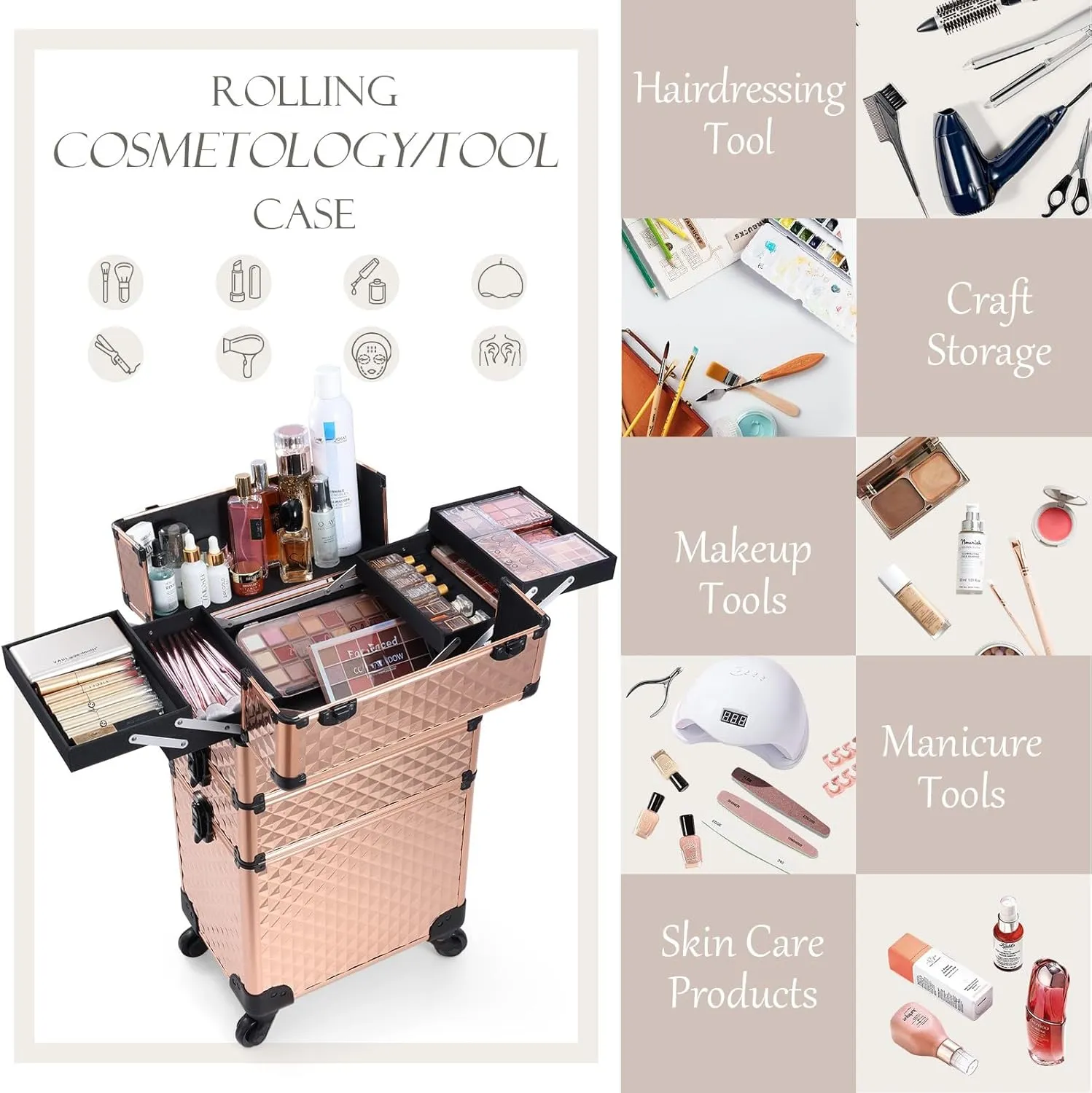 Adazzo 3 in 1 Professional Rolling Makeup Train Case Aluminum Trolley Case with 360° Rotation Wheels for Makuep Artist Cosmetic Suitcase Organizer with Lock and Key Diamond Pattern - Rose Gold