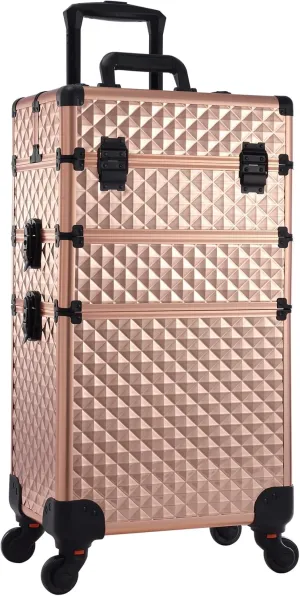 Adazzo 3 in 1 Professional Rolling Makeup Train Case Aluminum Trolley Case with 360° Rotation Wheels for Makuep Artist Cosmetic Suitcase Organizer with Lock and Key Diamond Pattern - Rose Gold