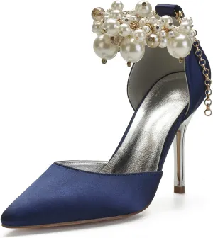 ADMLZQQ Women Pumps Closed Toe Pearl Ankle Strap High Heel Satin Evening Wedding Dress Shoes