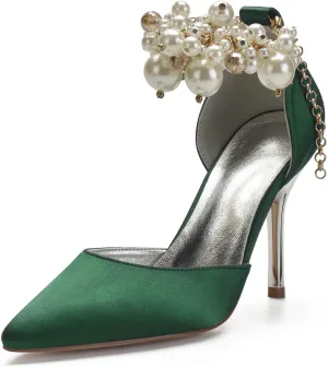 ADMLZQQ Women Pumps Closed Toe Pearl Ankle Strap High Heel Satin Evening Wedding Dress Shoes