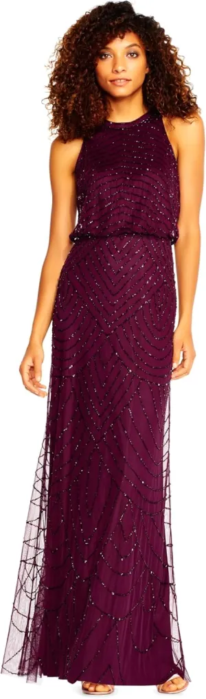 Adrianna Papell Women's Halter Art Deco Beaded Blouson Dress