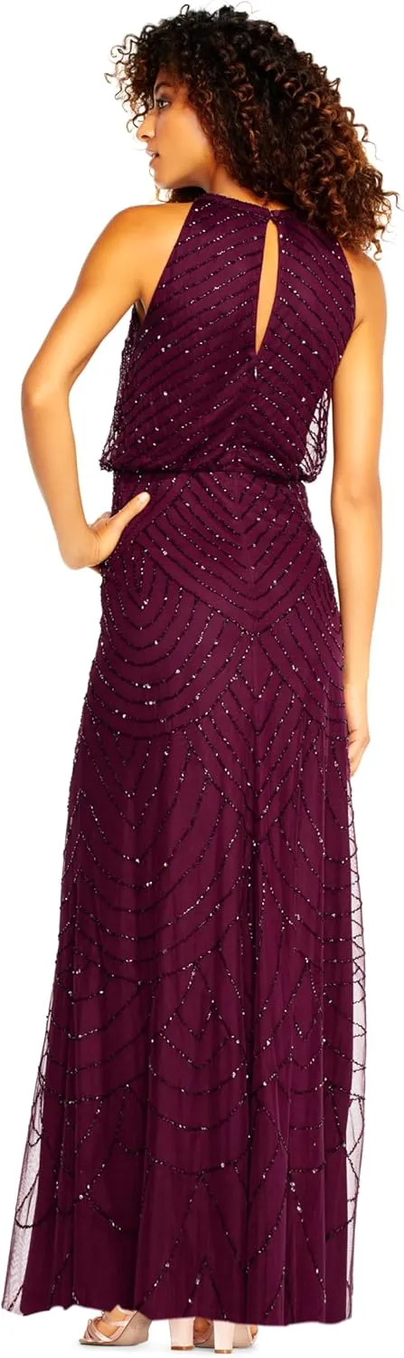 Adrianna Papell Women's Halter Art Deco Beaded Blouson Dress