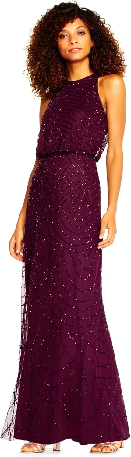 Adrianna Papell Women's Halter Art Deco Beaded Blouson Dress