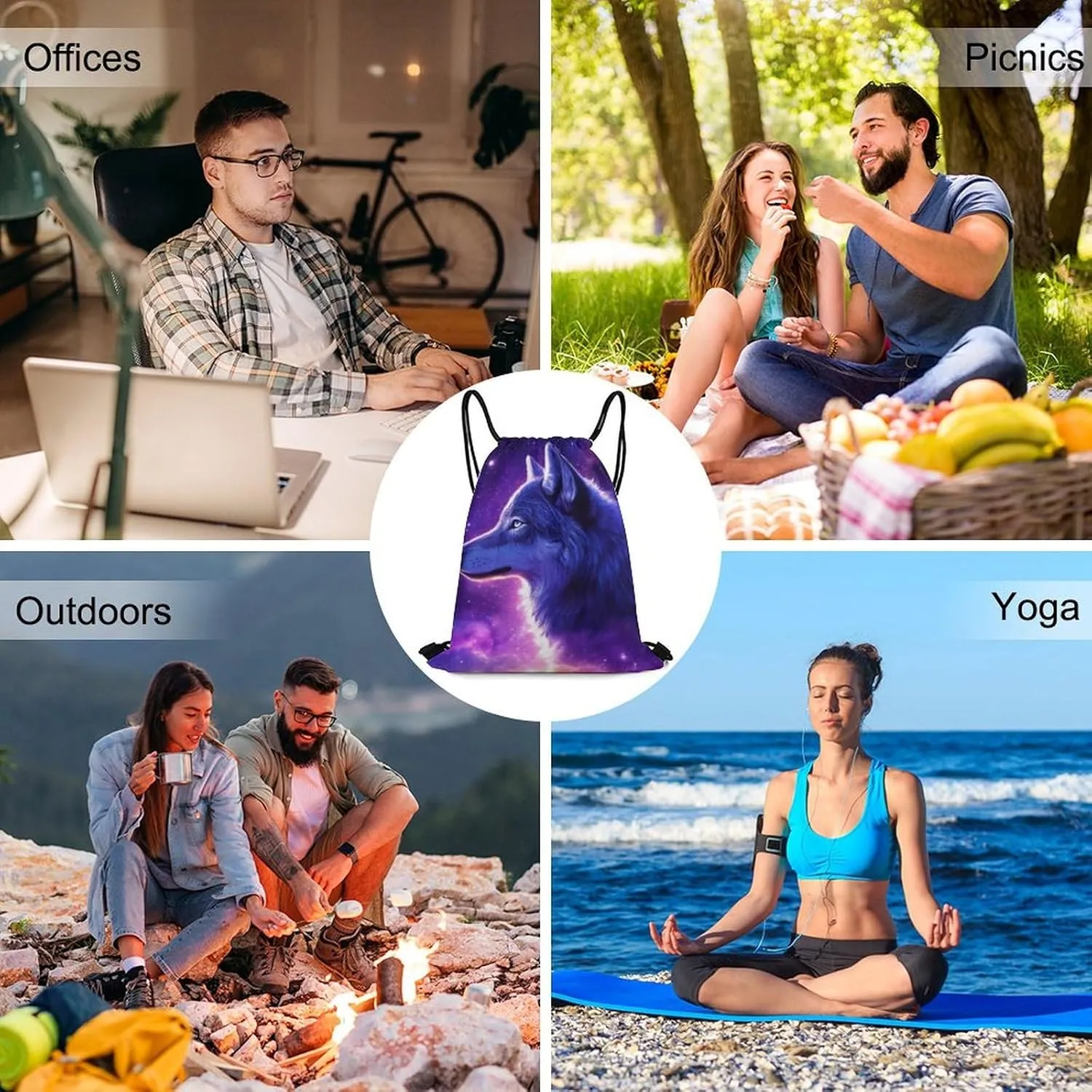 Adults Lightweight Drawstring Bags for Sport, Gym, Travel, Swimming, Beach, Yoga Purple Universe Galaxy Space Magic Wolf Art (3) Water Proof String Bag