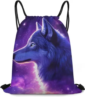 Adults Lightweight Drawstring Bags for Sport, Gym, Travel, Swimming, Beach, Yoga Purple Universe Galaxy Space Magic Wolf Art (3) Water Proof String Bag