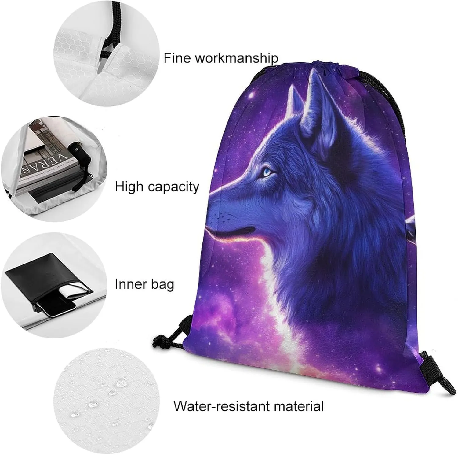 Adults Lightweight Drawstring Bags for Sport, Gym, Travel, Swimming, Beach, Yoga Purple Universe Galaxy Space Magic Wolf Art (3) Water Proof String Bag