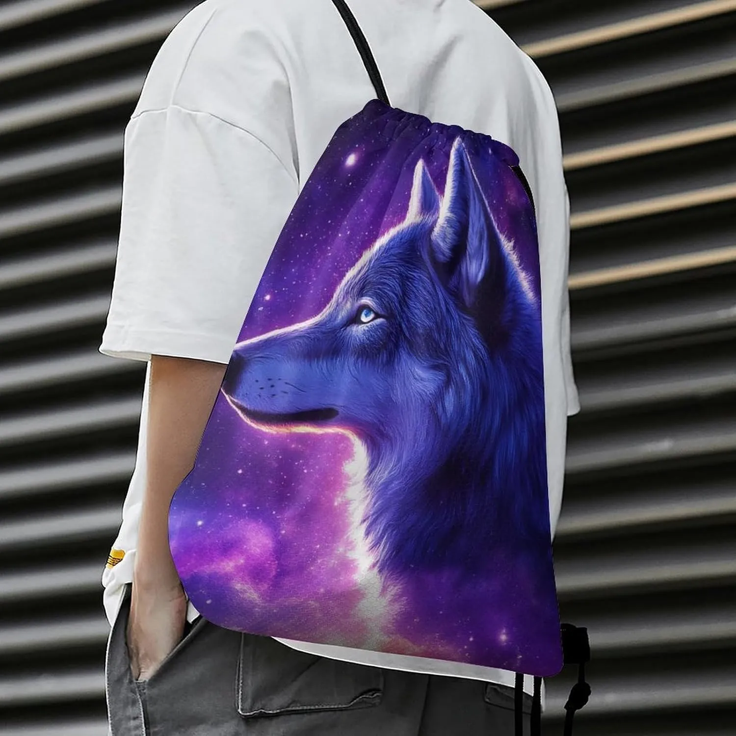 Adults Lightweight Drawstring Bags for Sport, Gym, Travel, Swimming, Beach, Yoga Purple Universe Galaxy Space Magic Wolf Art (3) Water Proof String Bag