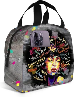African American Women Lunch Bag Reusable Black Women Magic Insulated Lunch Box Portable Tote Bag for Women Travel Hiking Work Gifts