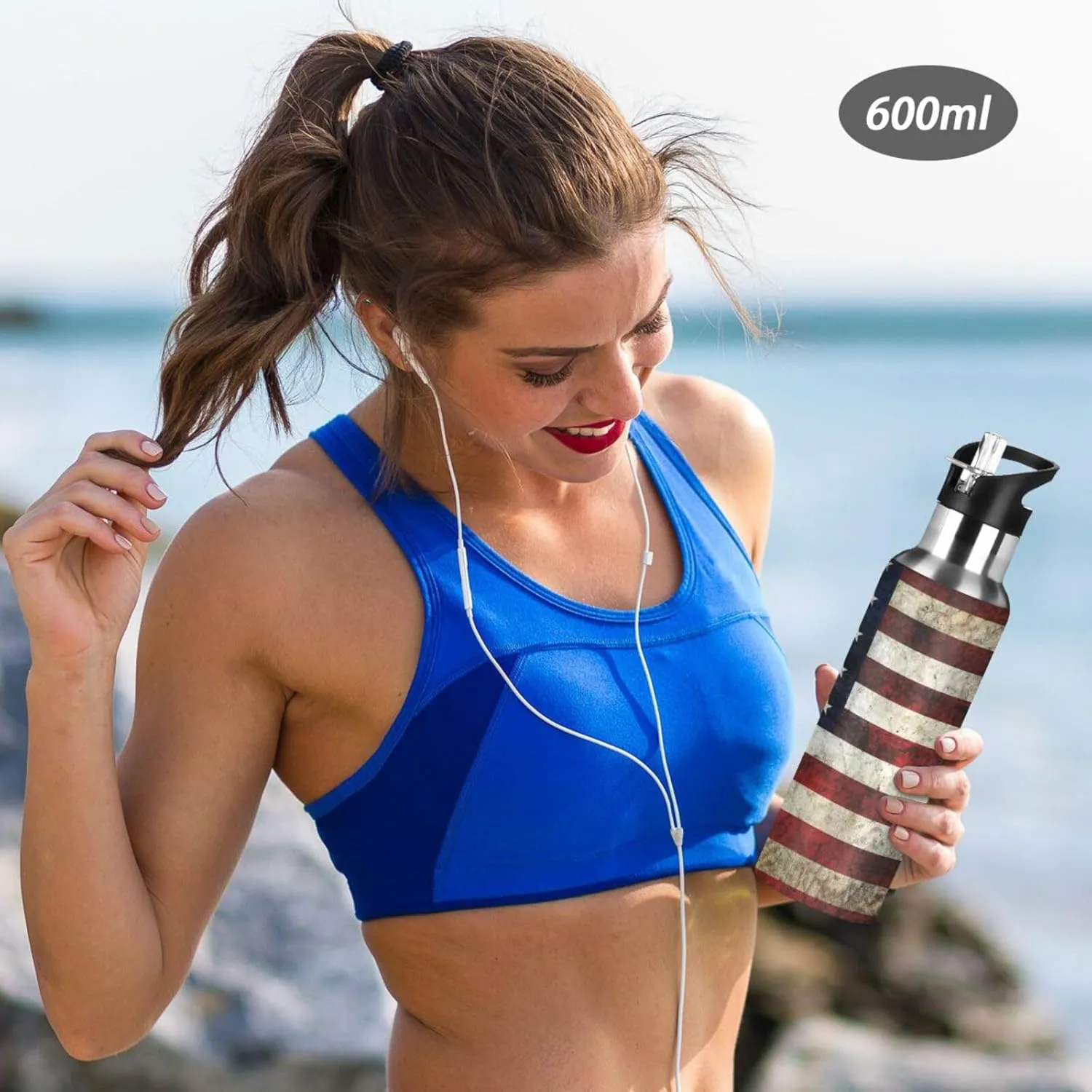 ALAZA American Flag Patriotic Water Bottle With Straw Lids Boys Girls,Vacuum Insulated Leakproof Stainless-Steel Sports Bottle Thermal Flask For Gym Yoga Camping,20Oz (600Ml)
