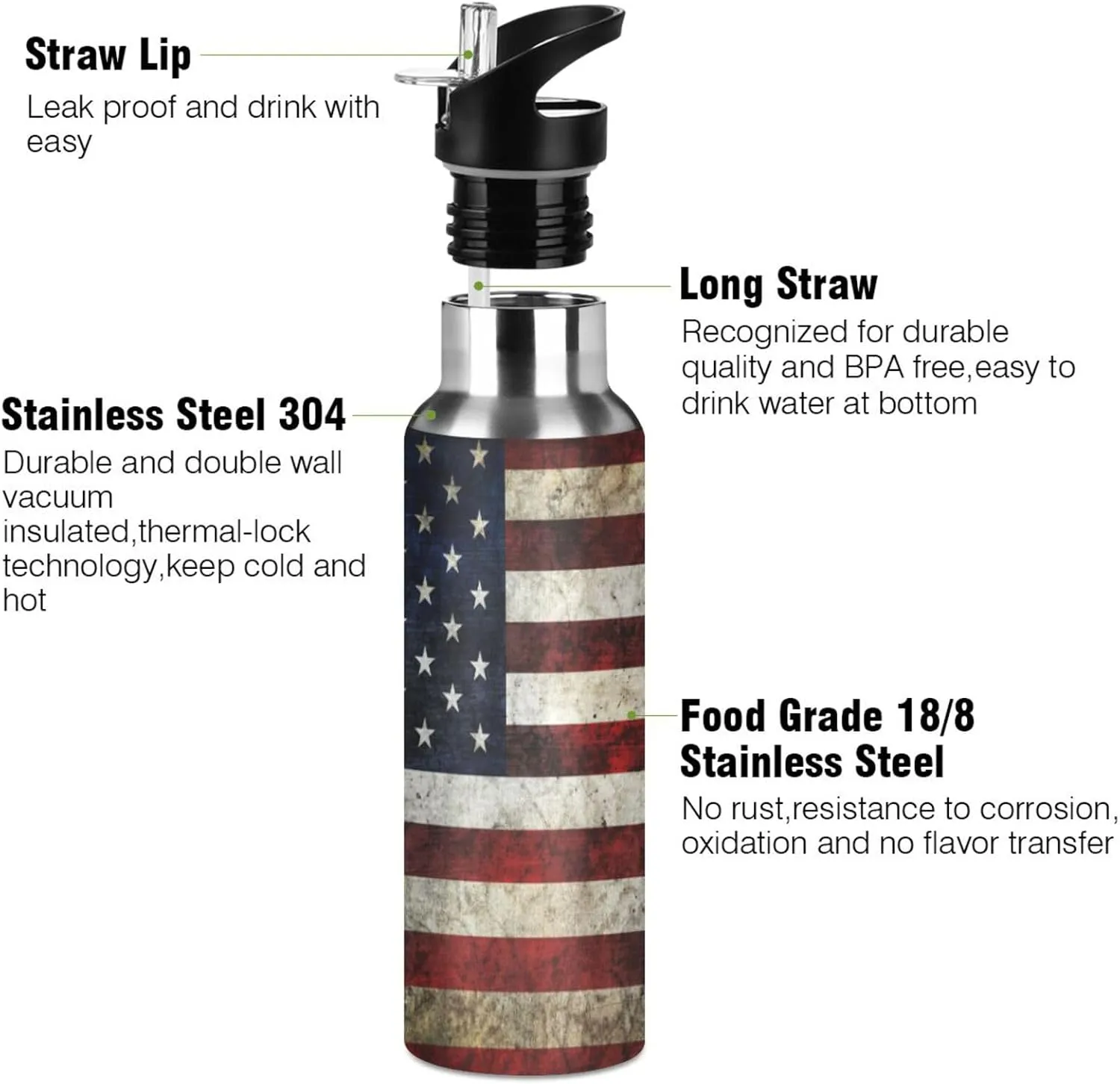 ALAZA American Flag Patriotic Water Bottle With Straw Lids Boys Girls,Vacuum Insulated Leakproof Stainless-Steel Sports Bottle Thermal Flask For Gym Yoga Camping,20Oz (600Ml)