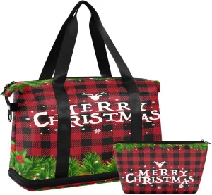 ALAZA Christmas Reindeer Buffalo Plaid Travel Duffel Bag for Women Men Sports Gym Bag with Shoe Compartment Tote Weekender Overnight Bag with Wet Pocket for Travel, Gym,Yoga,Swimming