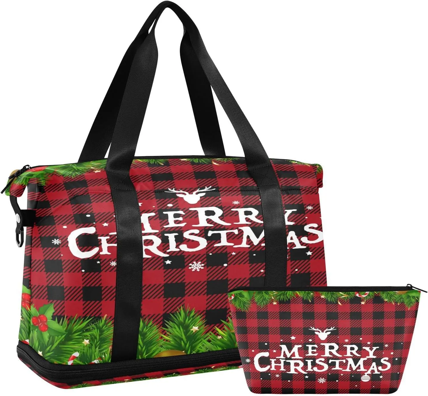 ALAZA Christmas Reindeer Buffalo Plaid Travel Duffel Bag for Women Men Sports Gym Bag with Shoe Compartment Tote Weekender Overnight Bag with Wet Pocket for Travel, Gym,Yoga,Swimming
