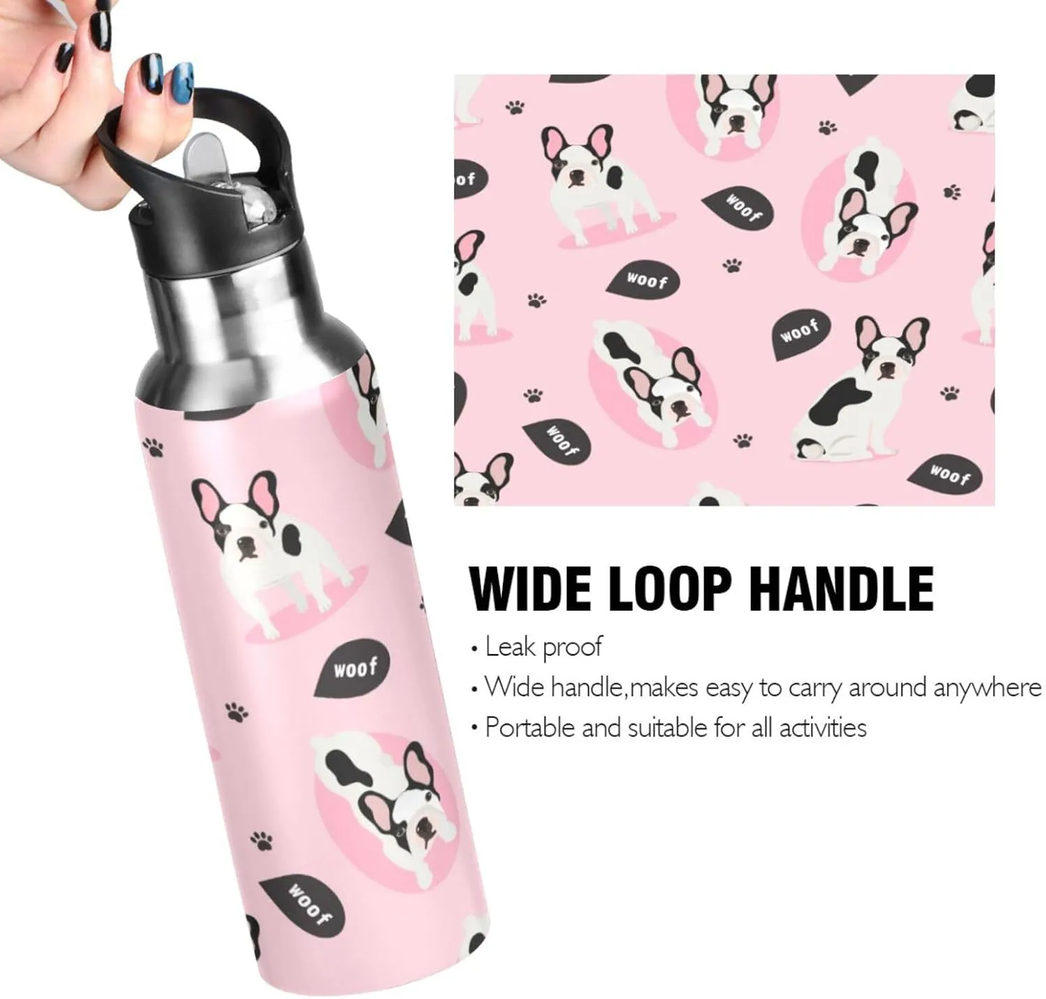 ALAZA Cute French Bulldog Puppy Dog Water Bottle With Straw Lids Boys Girls,Vacuum Insulated Leakproof Stainless-Steel Sports Bottle Thermal Flask For Gym Yoga Camping,20Oz (600Ml)