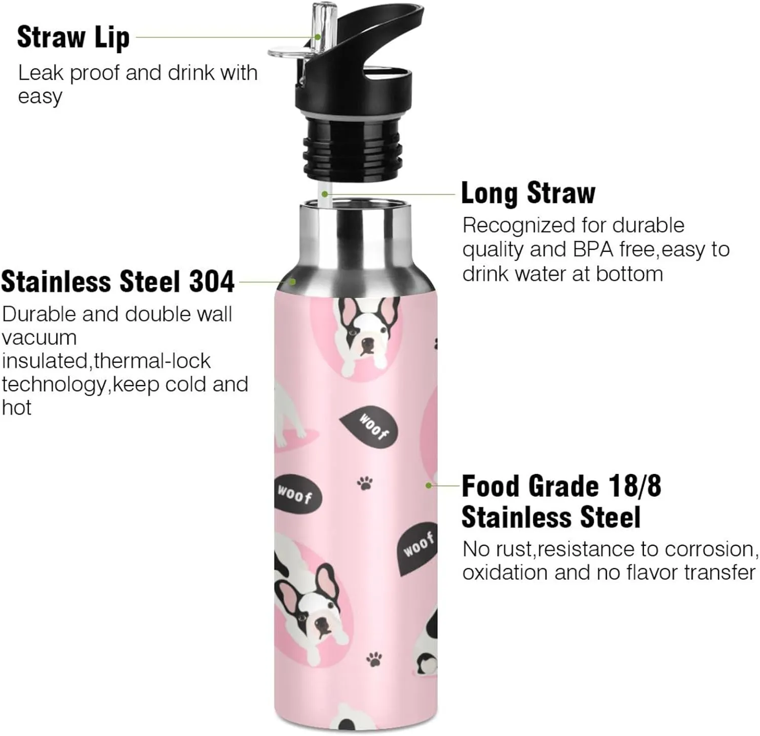 ALAZA Cute French Bulldog Puppy Dog Water Bottle With Straw Lids Boys Girls,Vacuum Insulated Leakproof Stainless-Steel Sports Bottle Thermal Flask For Gym Yoga Camping,20Oz (600Ml)