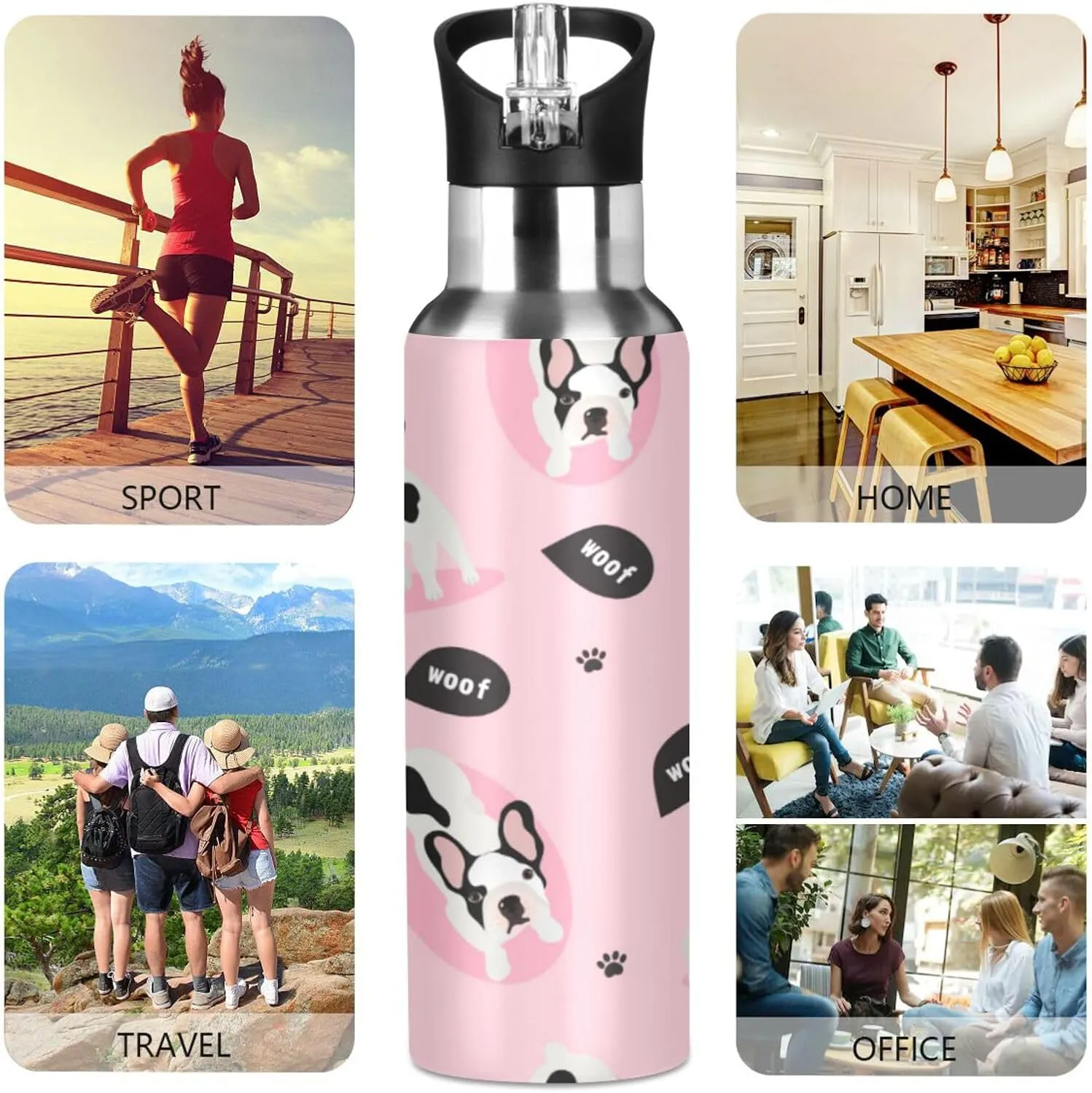 ALAZA Cute French Bulldog Puppy Dog Water Bottle With Straw Lids Boys Girls,Vacuum Insulated Leakproof Stainless-Steel Sports Bottle Thermal Flask For Gym Yoga Camping,20Oz (600Ml)