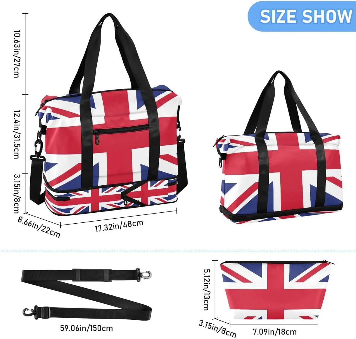 ALAZA Fashion Union Jack Flag Travel Duffel Bag with Shoe Compartment Tote Bag Weekender Overnight Bag with Wet Pocket for Travel,Gym,Yoga,Swimming