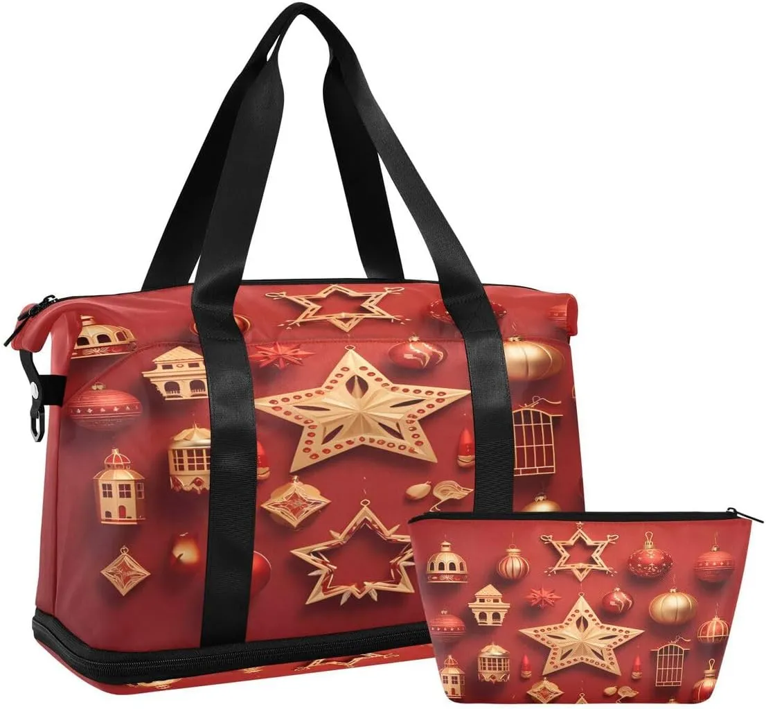 ALAZA Golden Bell Ball Merry Christmas Travel Duffel Bag with Shoe Compartment Tote Bag Weekender Overnight Bag with Wet Pocket for Travel,Gym,Yoga,Swimming