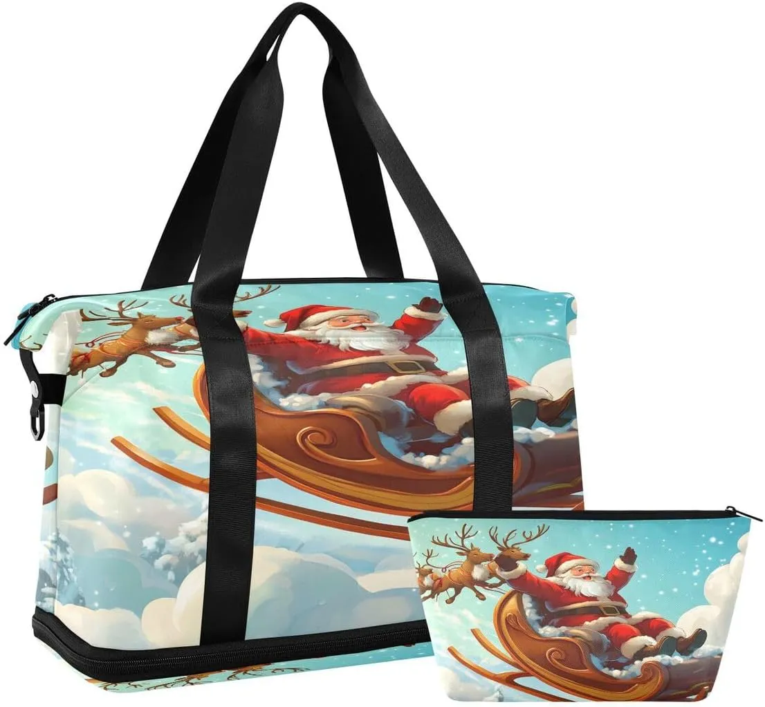 ALAZA Lovely Reindeer Santa Claus Christmas Sky Duffel Bag with Shoe Compartment Tote Bag Weekender Overnight Bag with Wet Pocket for Travel,Gym,Yoga,Swimming