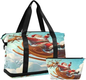 ALAZA Lovely Reindeer Santa Claus Christmas Sky Duffel Bag with Shoe Compartment Tote Bag Weekender Overnight Bag with Wet Pocket for Travel,Gym,Yoga,Swimming