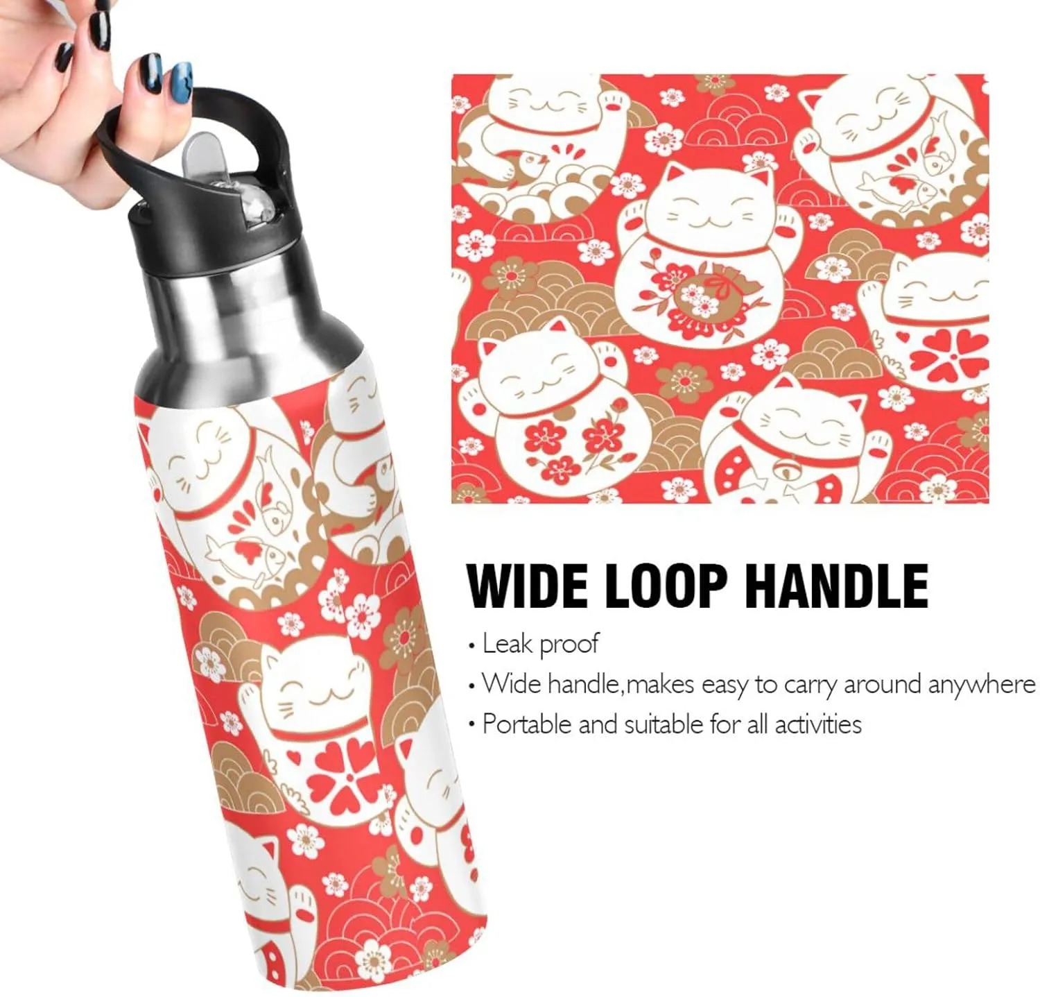 ALAZA Lucky Cat Maneki Neko Red Water Bottle With Straw Lids Boys Girls,Vacuum Insulated Leakproof Stainless-Steel Sports Bottle Thermal Flask For Gym Yoga Camping,20Oz (600Ml)