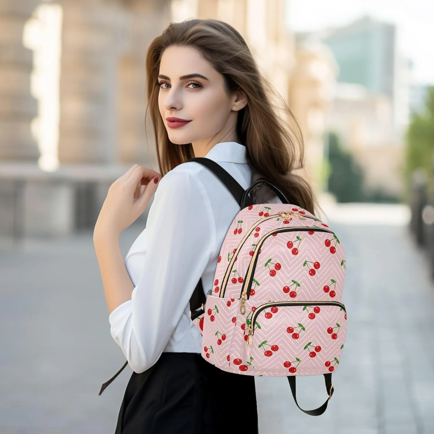 ALAZA Mini Backpack for Women, Cherry Pink Pattern Travel Backpack Purse for Ladies, Small Bookbag Daypack Shoulder Bag M