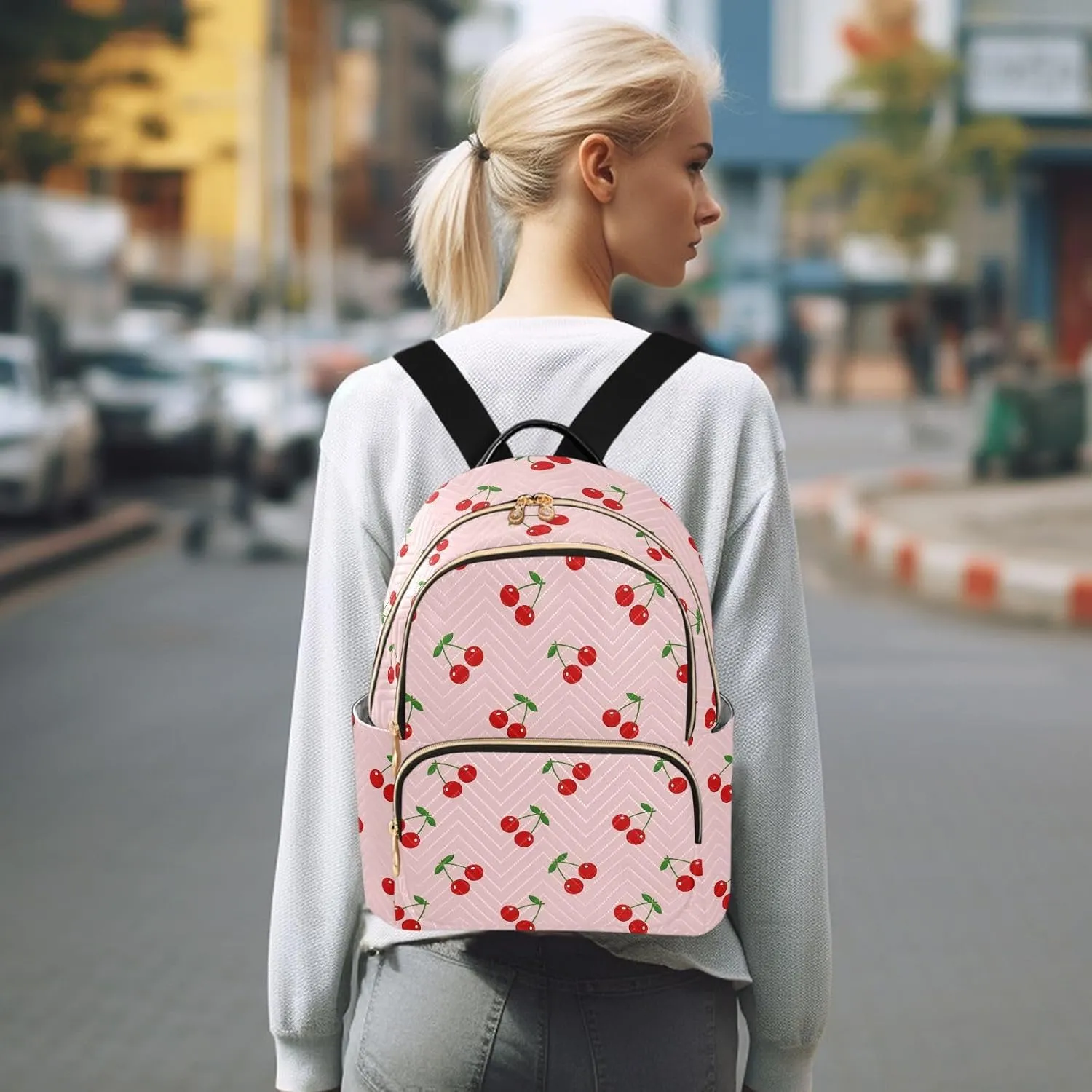 ALAZA Mini Backpack for Women, Cherry Pink Pattern Travel Backpack Purse for Ladies, Small Bookbag Daypack Shoulder Bag M
