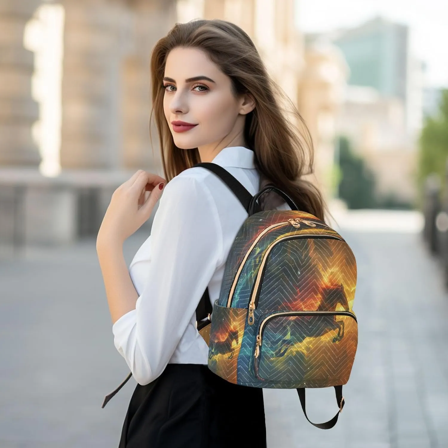 ALAZA Mini Backpack for Women Galloping Horse Roars with Starry Sky Travel Backpack Purse for Ladies Handbag Shoulder Bag Casual Daypack, M