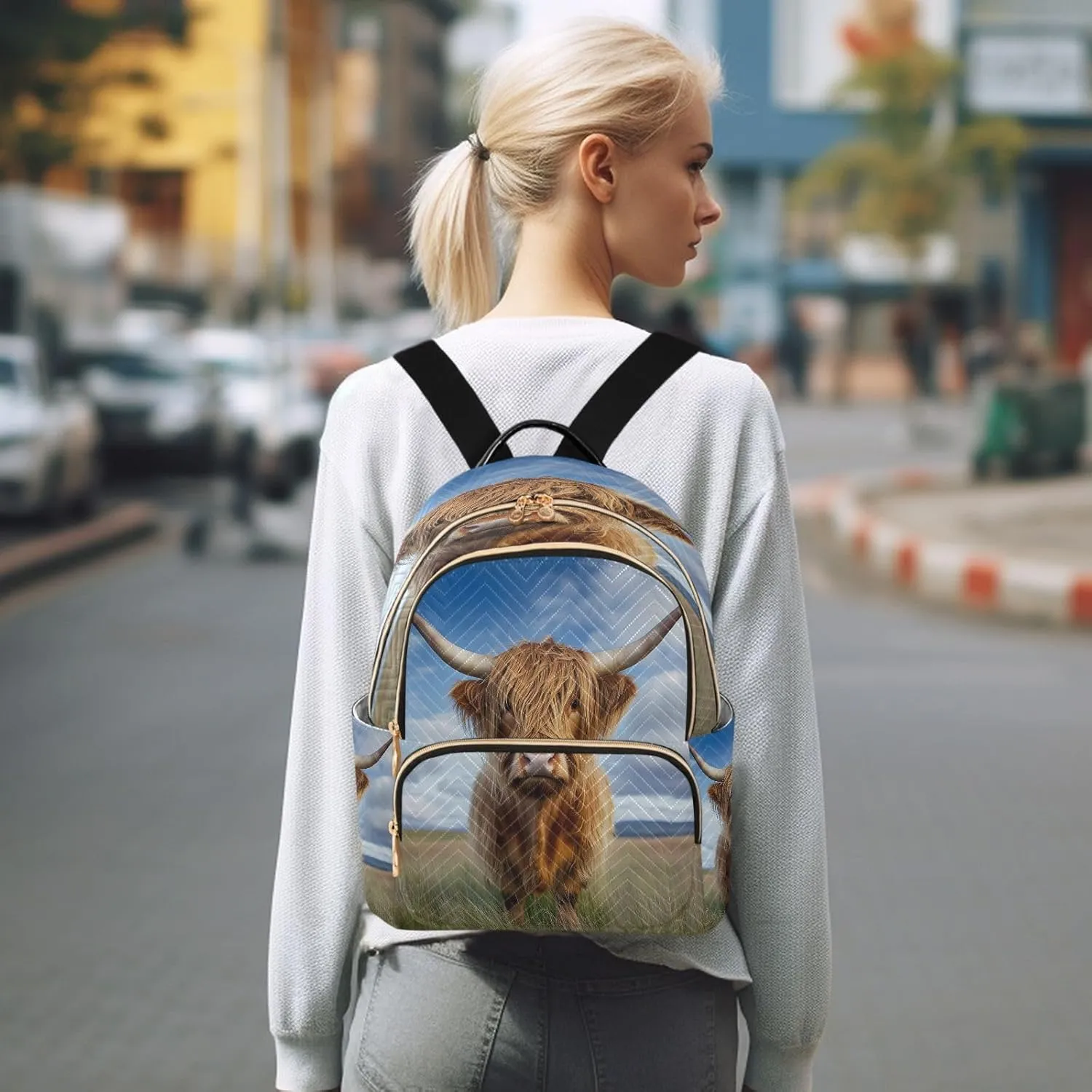 ALAZA Mini Backpack for Women Highland Cow Grassland Travel Backpack Purse for Ladies Handbag Shoulder Bag Casual Daypack, M