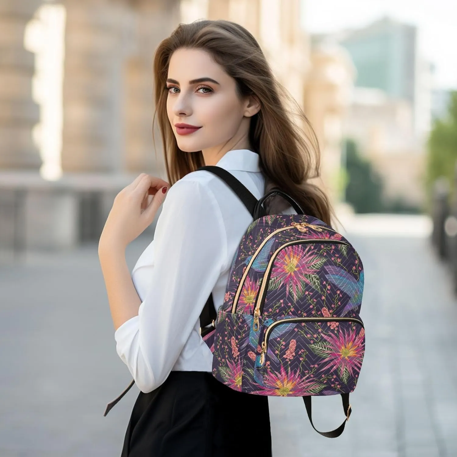 ALAZA Mini Backpack for Women, Hummingbird Tropical Flower Travel Backpack Purse for Ladies, Small Bookbag Daypack Shoulder Bag M