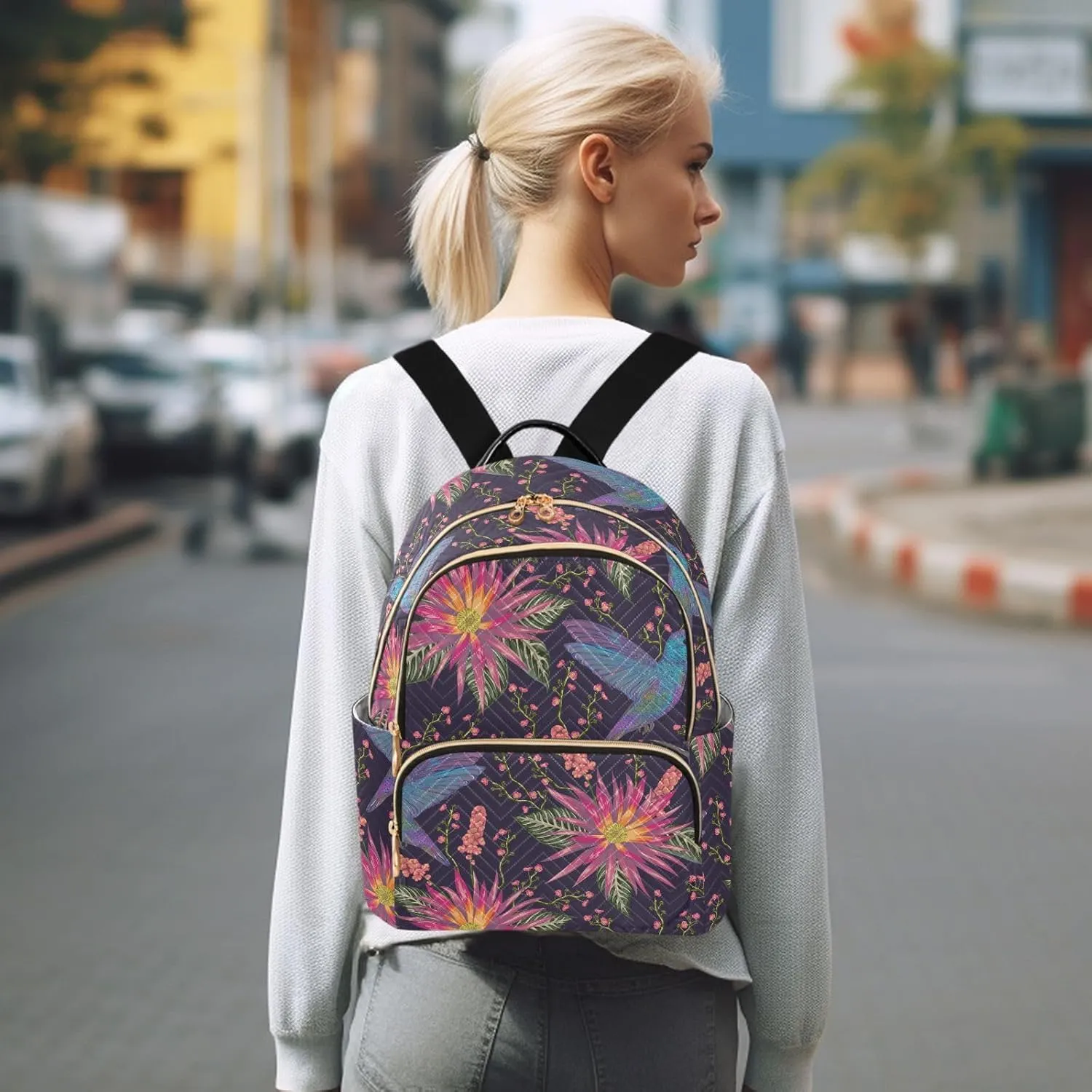 ALAZA Mini Backpack for Women, Hummingbird Tropical Flower Travel Backpack Purse for Ladies, Small Bookbag Daypack Shoulder Bag M