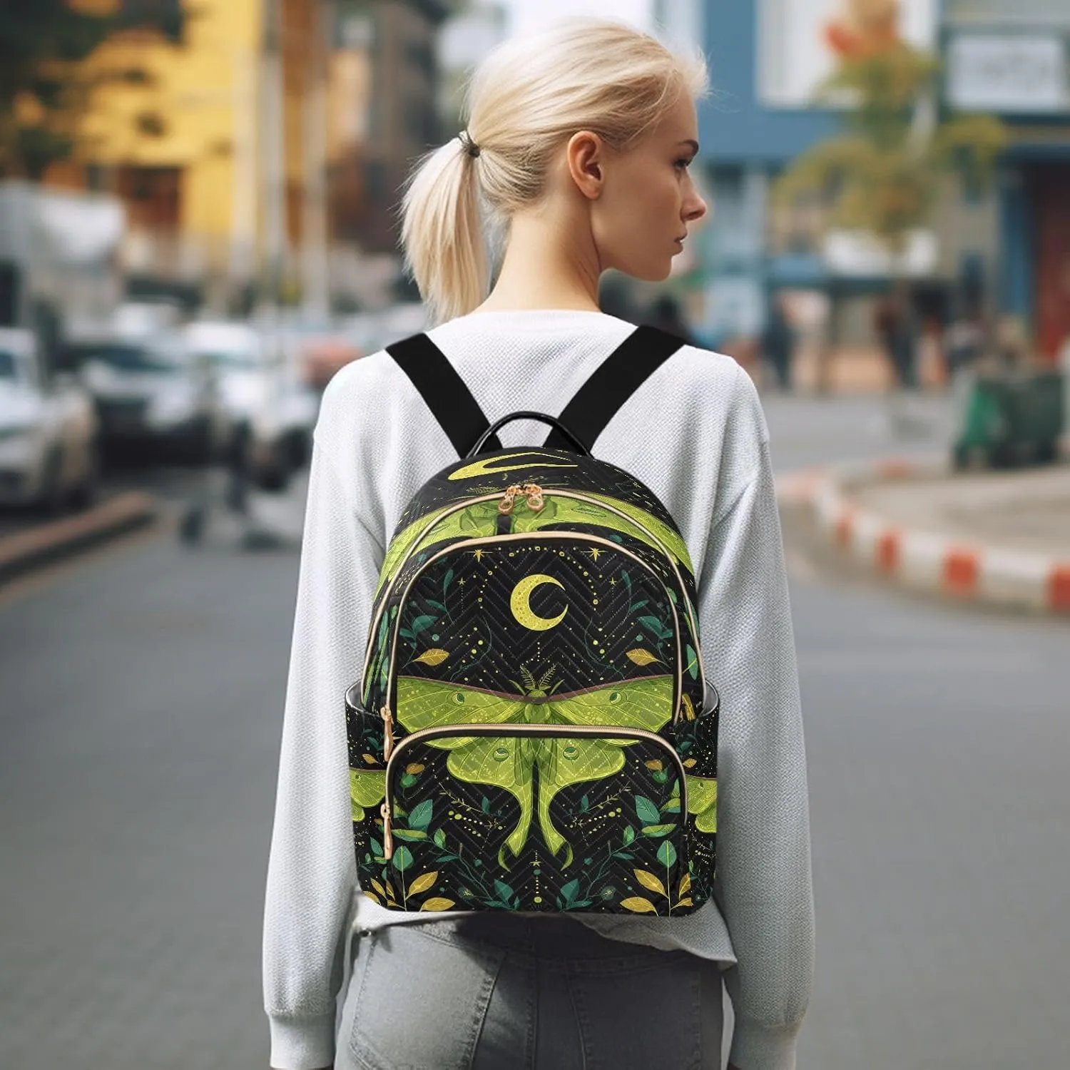 ALAZA Mini Backpack for Women Mystical Green Moth Travel Backpack Purse for Ladies Handbag Shoulder Bag Casual Daypack, M
