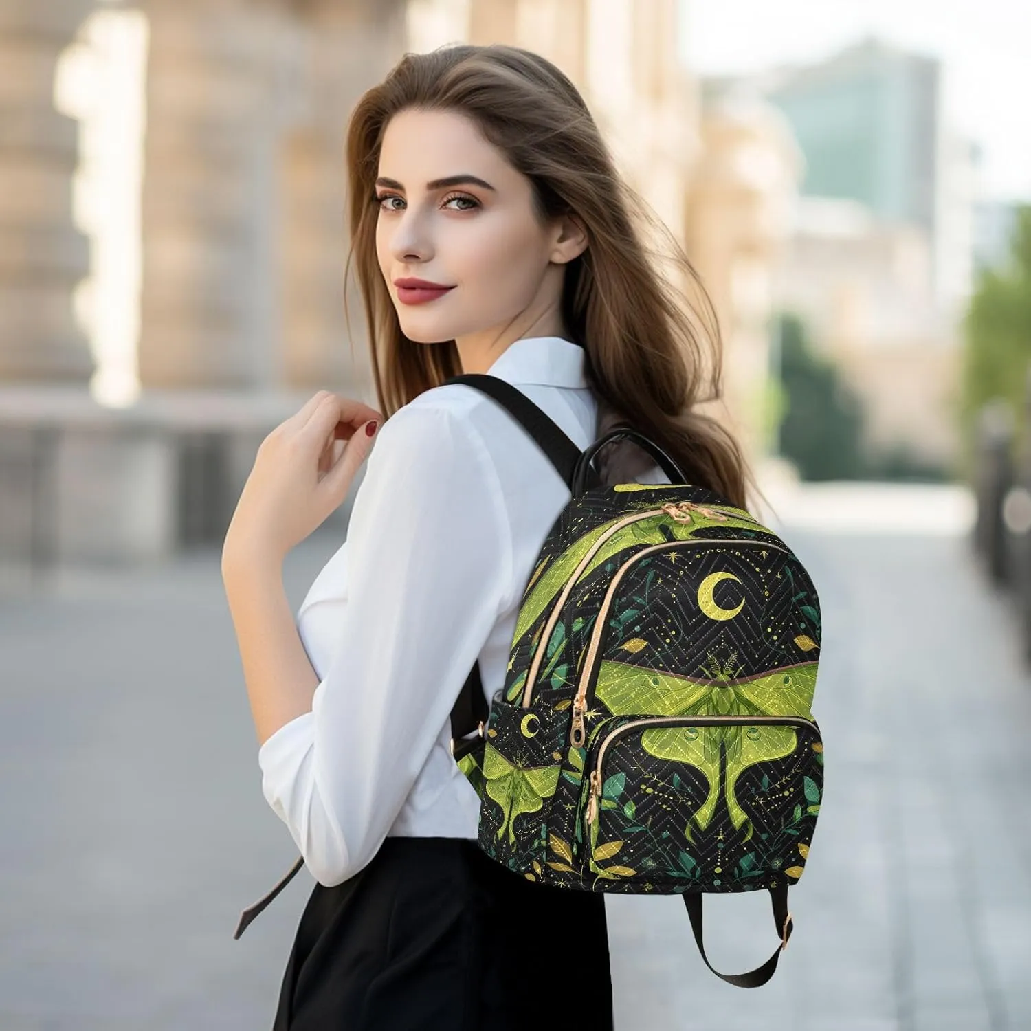 ALAZA Mini Backpack for Women Mystical Green Moth Travel Backpack Purse for Ladies Handbag Shoulder Bag Casual Daypack, M